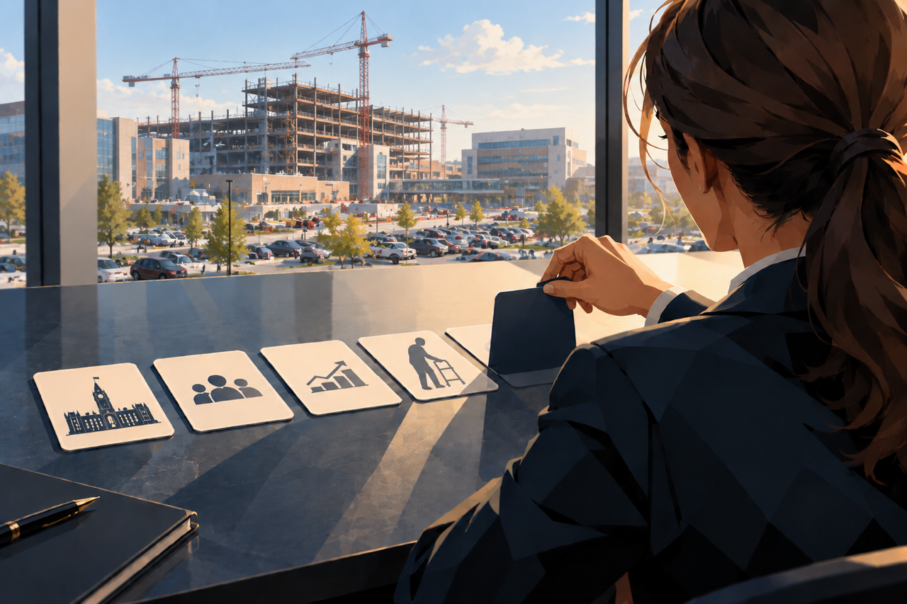 An advisor at a boardroom window overlooking a hospital under construction, arranging cards representing government, population, growth, and senior care.